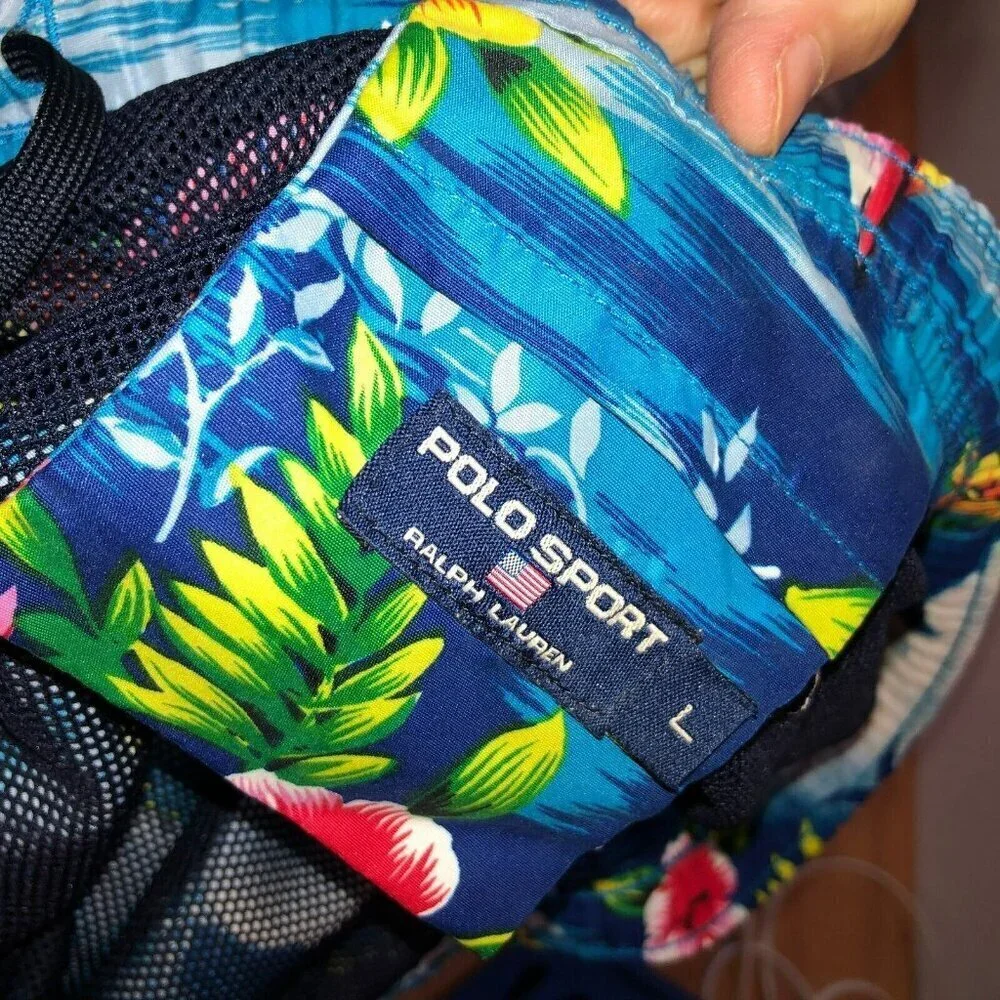 VTG Polo Sport Ralph Lauren Mens Large Blue Hawaiian Floral Shorts Swim Trunks L